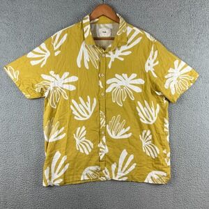 Folk Bohemian Hawaiian Shirt Mens XL Linen Viscose Blend Mustard Yellow Floral